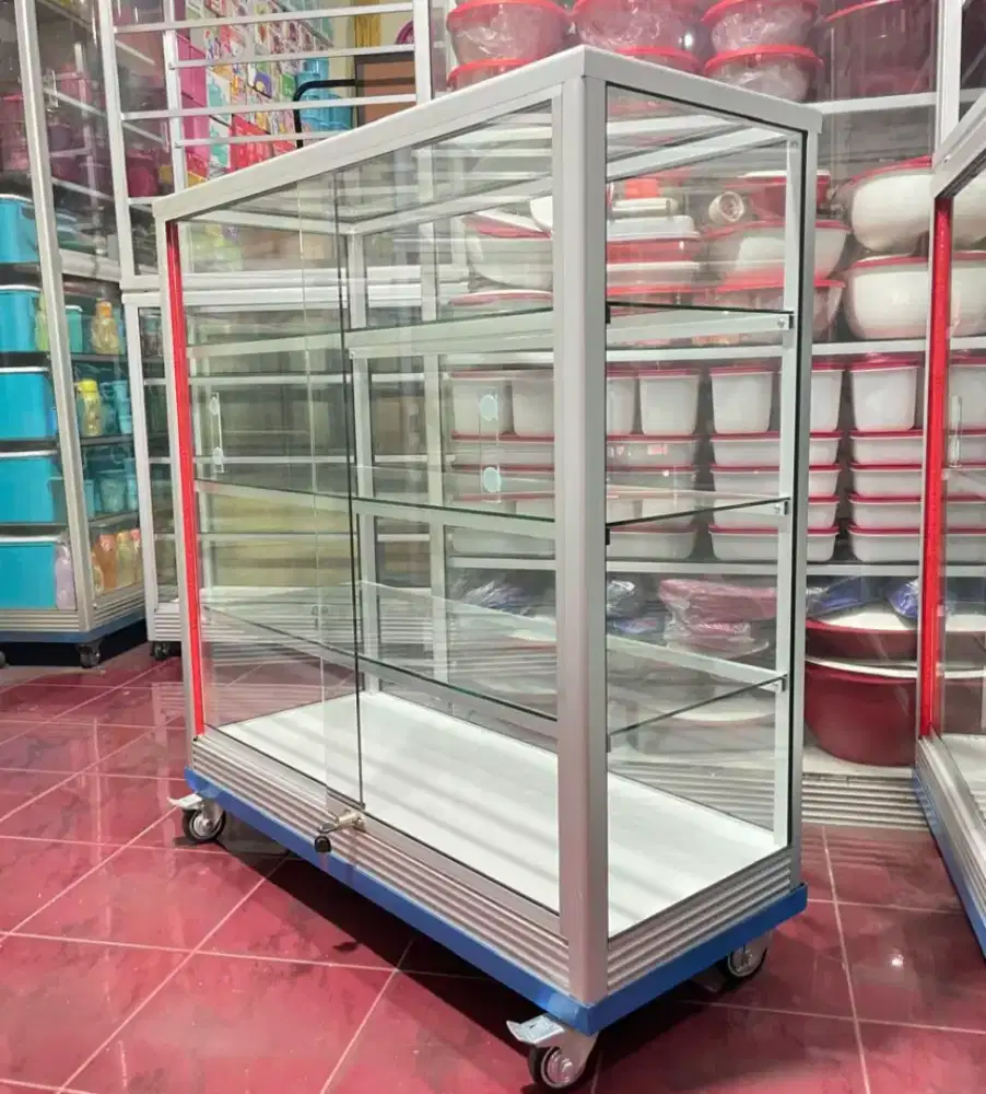 Etalase Panjang 1Mx1M Sudah Pake RODA BESAR & Kunci || Buat Toko dll