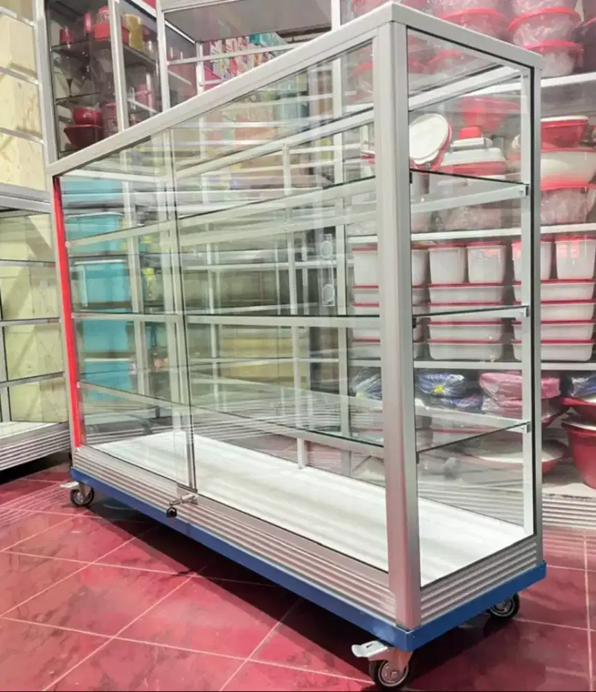 Etalase Kaca Ready Stock Ukuran 1,5M Buat Usaha || Pakai Roda & Kunci
