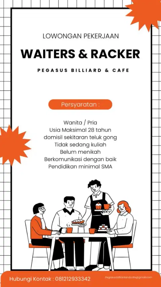 Di butuhkan waiters dan Racker cewe