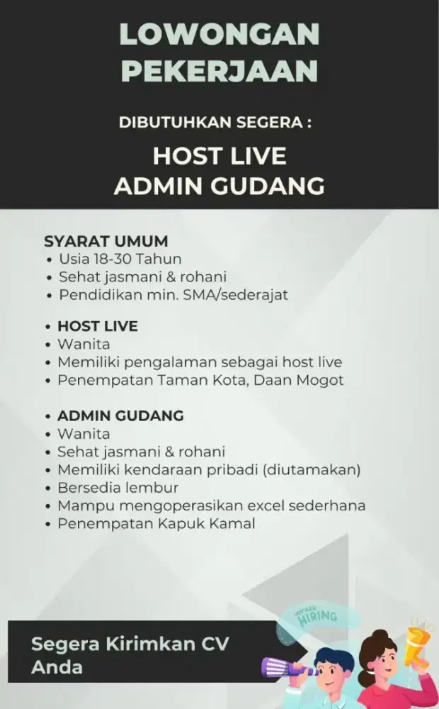 Lowongan Host Live, Admin Gudang (wanita)