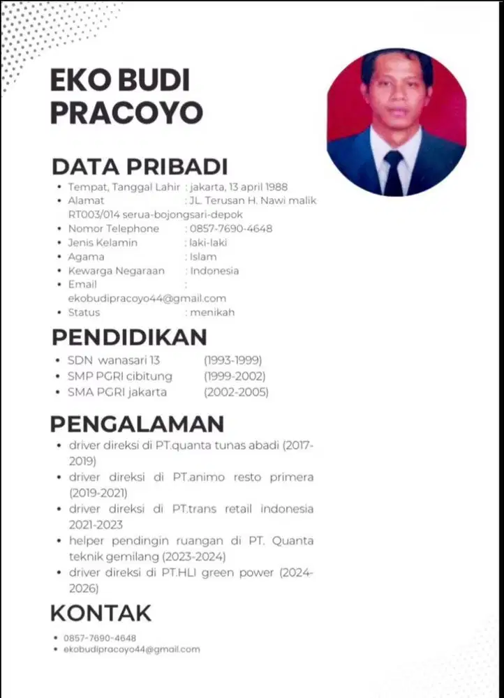 Saya sedang mencari pekerjaan sebagai driver kantor dan pribadi