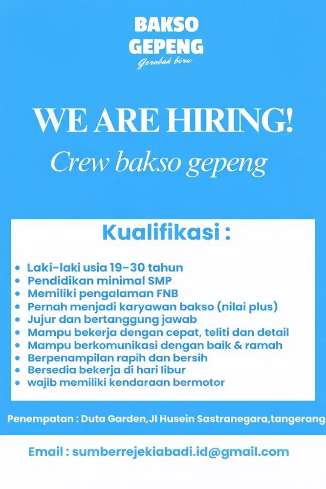 Lowongan kerja crew bakso gepeng
