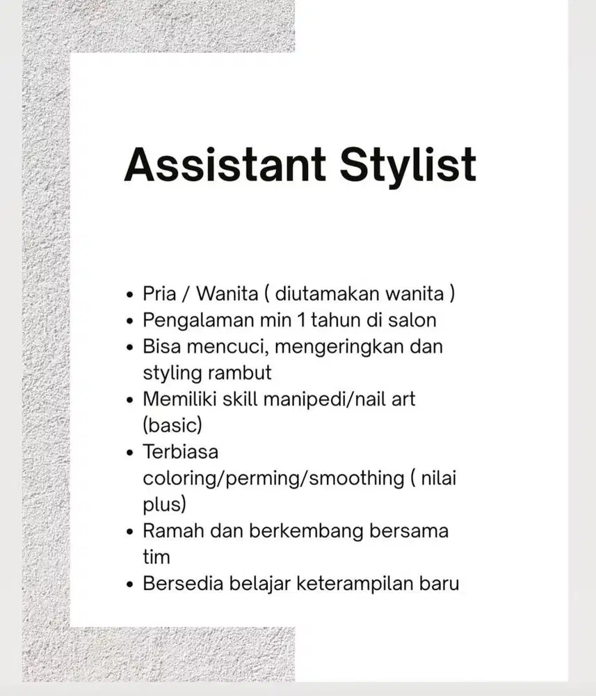 dibutuhkan assisten stylist/therapist salon