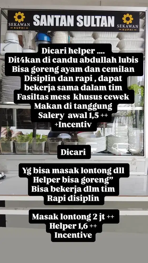 Di cari helper dan tukang masam