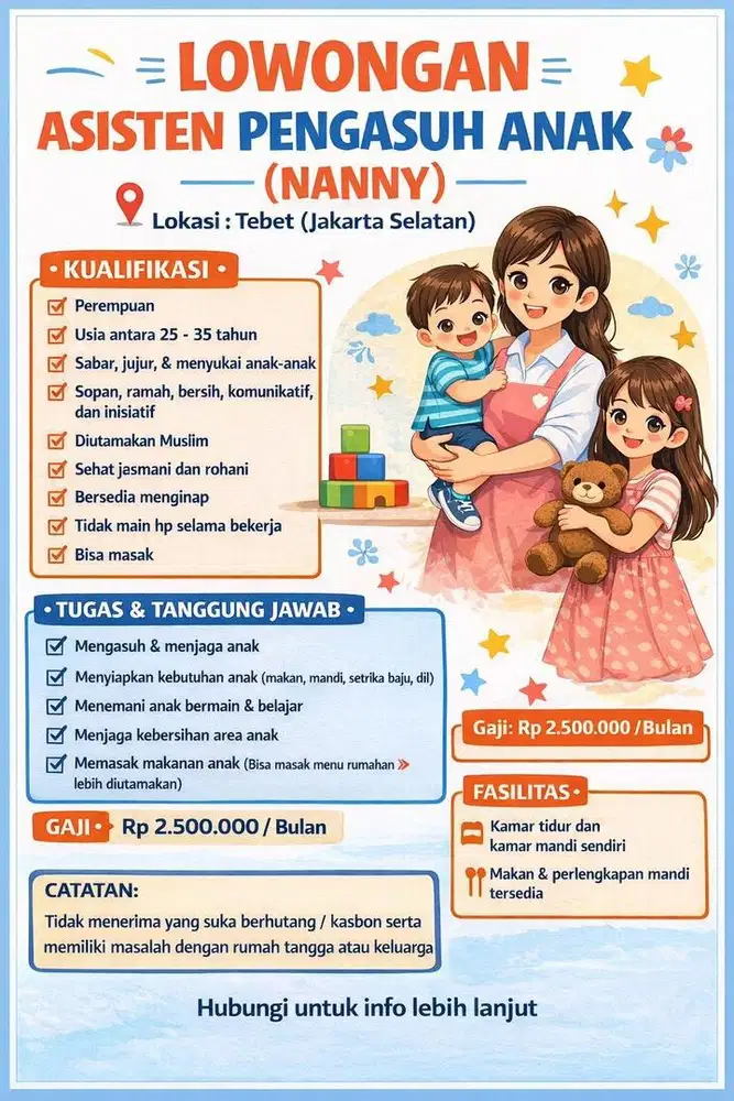 Dicari Asisten Pengasuh Anak (Nanny) Segera!