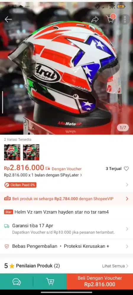 Helm Vz ram Vzram hayden star no tsr ram4 Size L Arai super copy