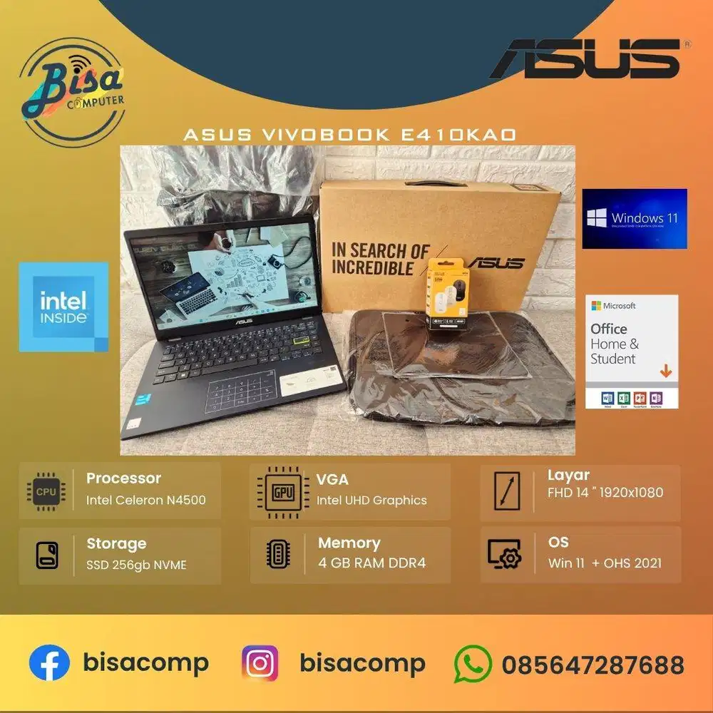 Asus Vivobook E410KAO Intel N4500 SSD 256gb Ram 4gb 14inchFHD Fullset