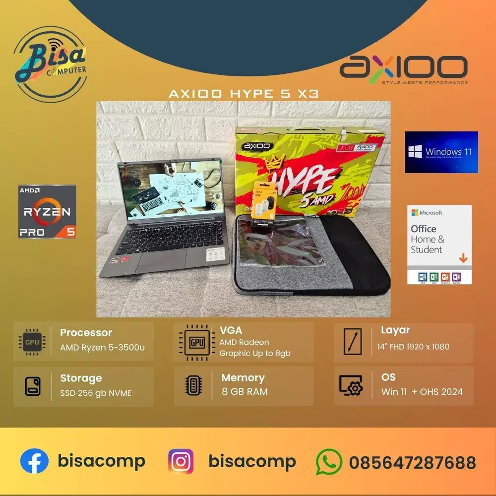 Axioo Hype 5 X3 AMD Ryzen 5-3500u SSD 256gb Ram 8gb 14inchFHD Fullset