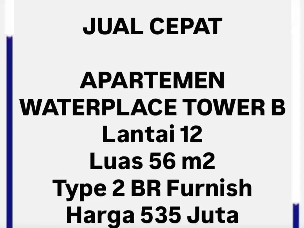 Jual cepat, apartemen waterplace 2 Br furnish