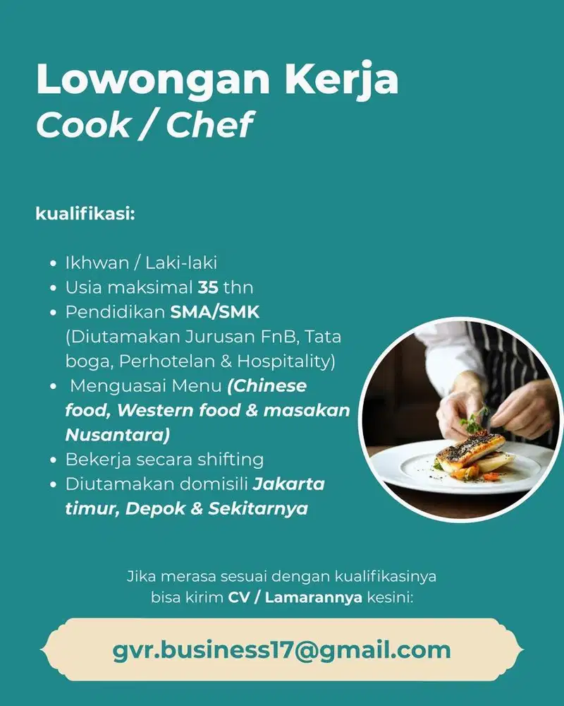 Loker khusus laki2 Koki/Chef/Cook & Steward Jakarta timur