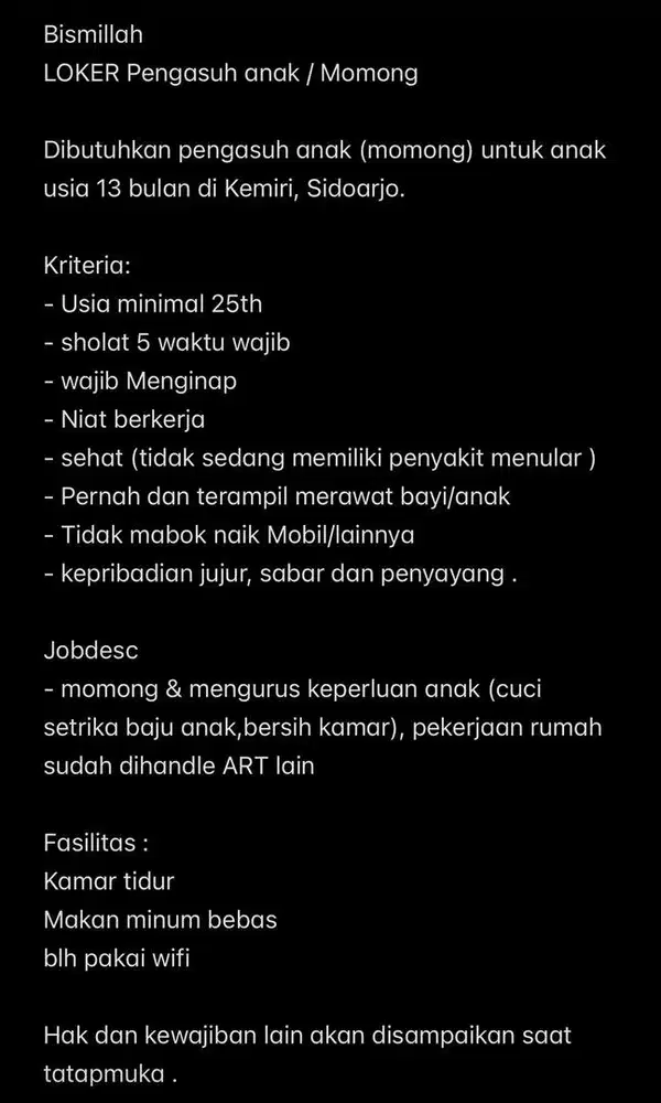 LOWONGAN KERJA PENGASUH ANAK