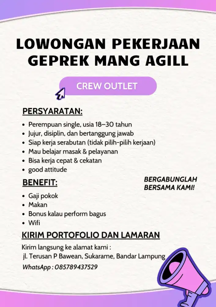 Di cari crew outlet geprek mang agill