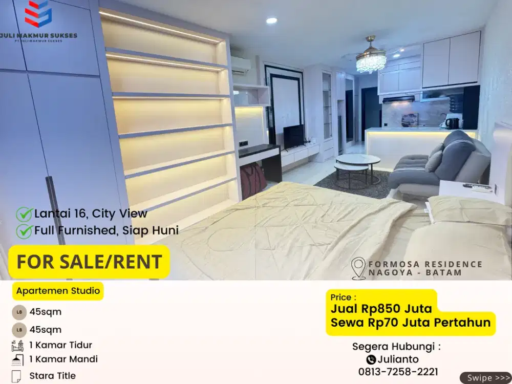 Dijual Apartemen Studio Full Furnished di Formosa Residence Batam