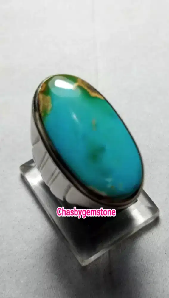Cincin Pirus Persia Biru terang gradasi-Batu Pirus Persia urat emas