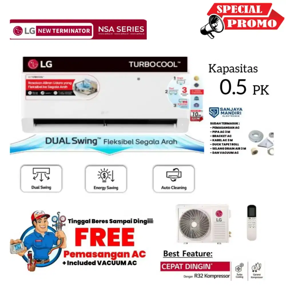FREE PEMASANGAN! LG AC Split 1/2 PK TurboCool GOLD FIN R32 K05NSA