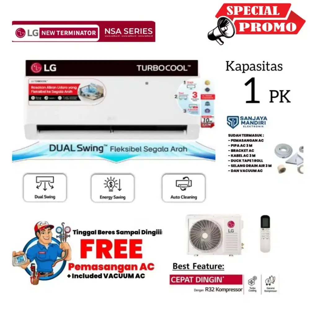 FREE PEMASANGAN! LG AC Split 1 PK Turbo Cool GOLD FIN R32 K09NSA
