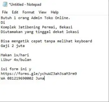 Butuh 1 orang Admin Toko Online.