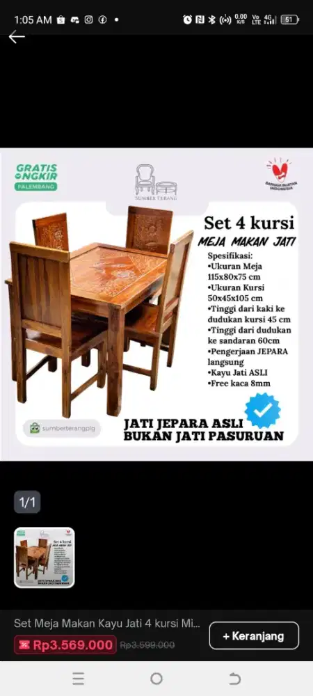 Set meja makan jati jepara second