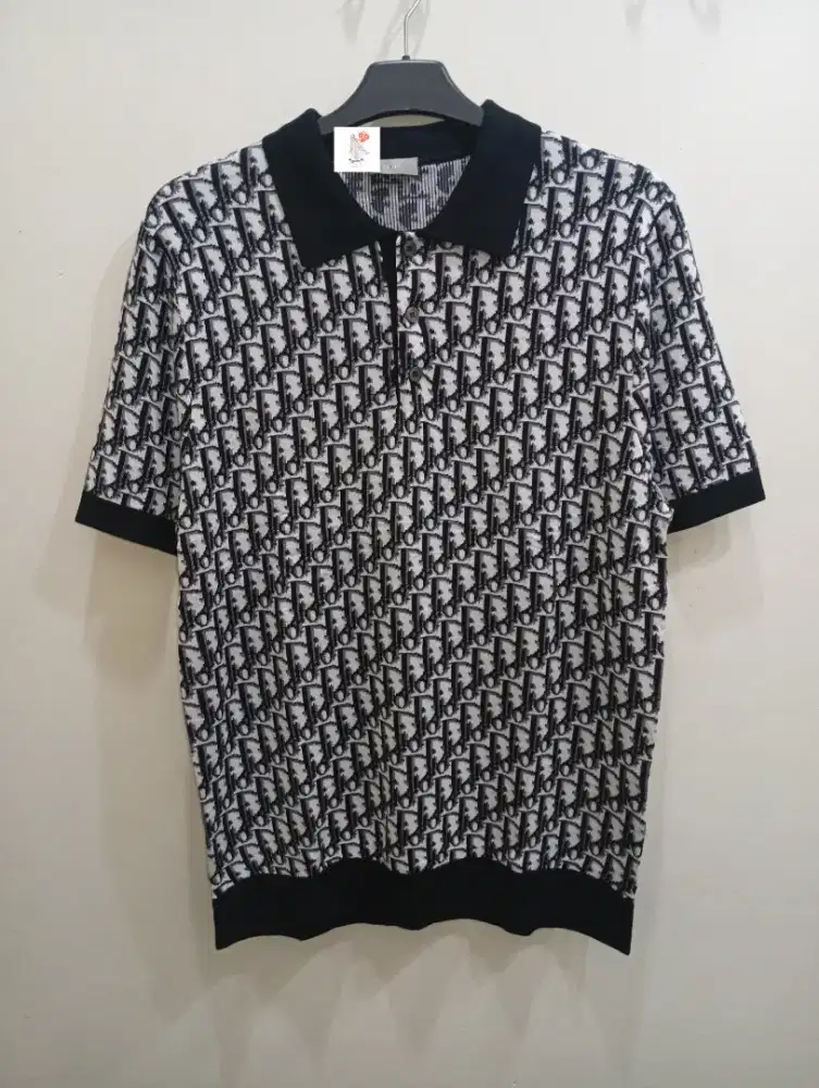 DIOR OBLIQUE POLO SHIRT BEIGE BLUE & BLACK COTTON JACQUARD