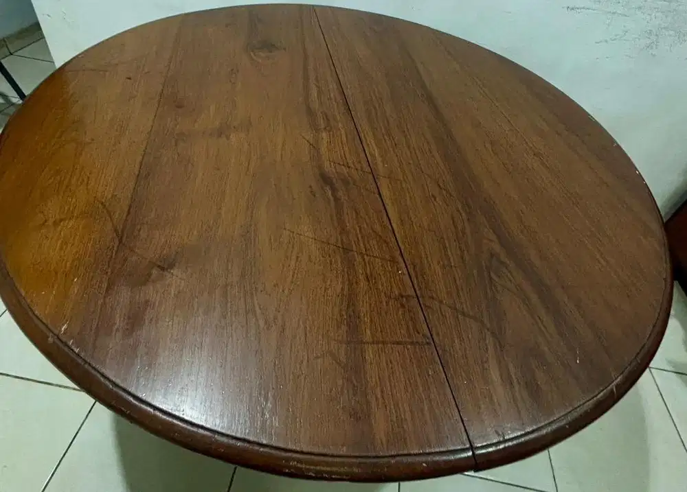 Meja Makan Jati Asli Bulat Extendable 120–160cm | Vintage Solid
