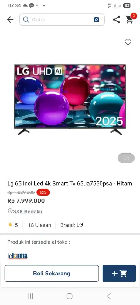 Lg 65 inci led 4k 65ua7550psa
