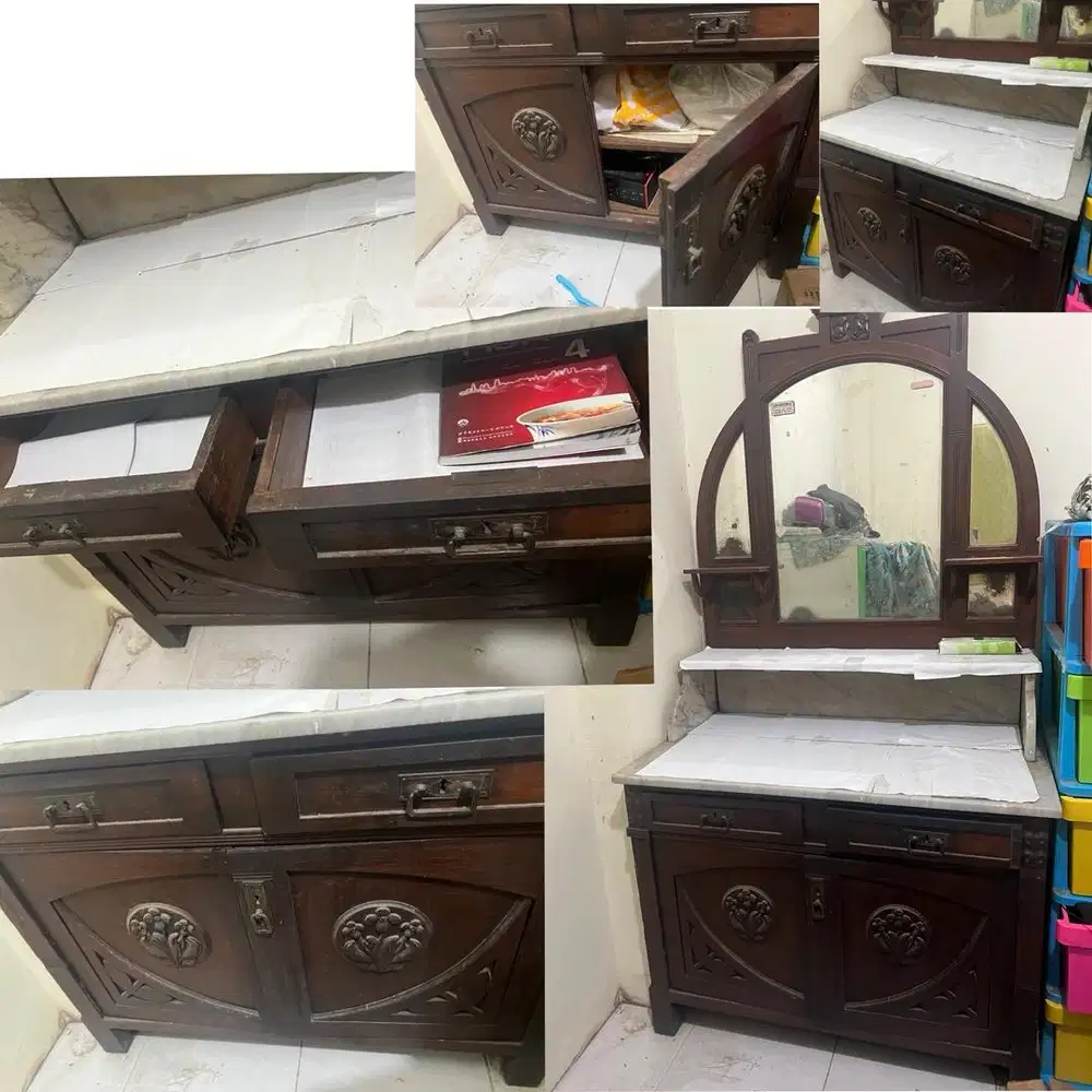 Meja rias jati kuno ukir marmer