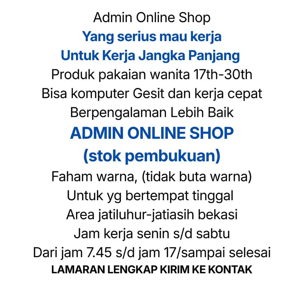 LOWONGAN ADMIN ONLINE SHOP (stok pembukuan)