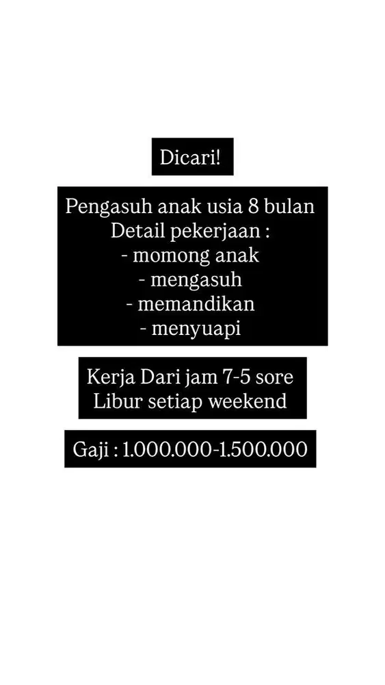 Dicari pengasuh bayi 8 bulan