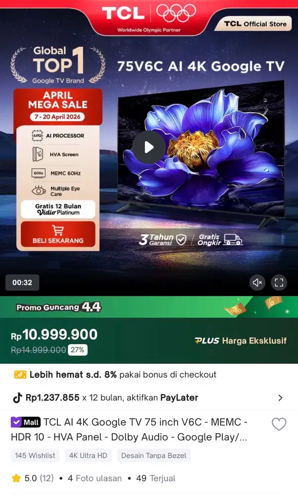 Tv 75 inch TCL second like new