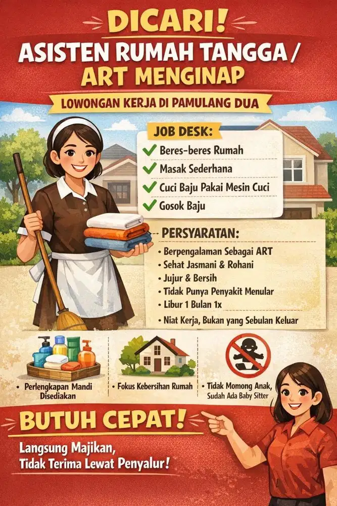 dicari ART menginap di Pamulang Dua