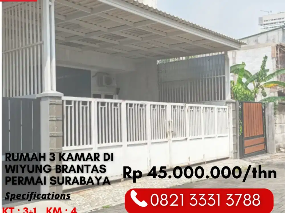 Disewakan Rumah 3 Kamar Siap Huni 45 Juta di Jalan Utama Perumahan Wiyung Brantas Permai Surabaya