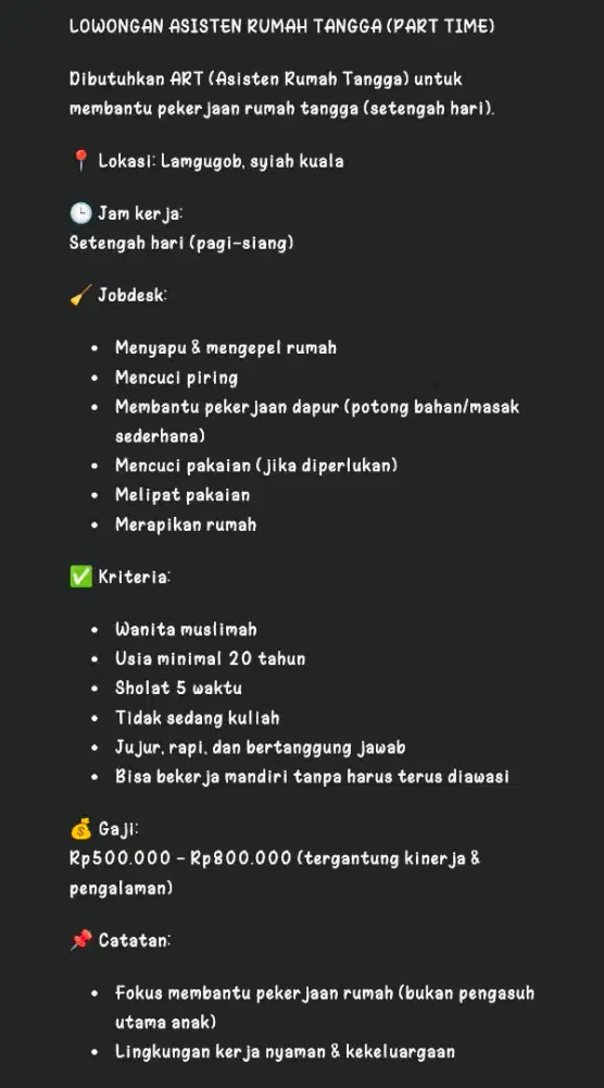 LOWONGAN ASISTEN RUMAH TANGGA (PART TIME)