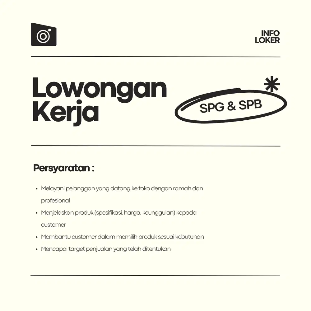 LOKER SEGERA: SPG DAN SPB