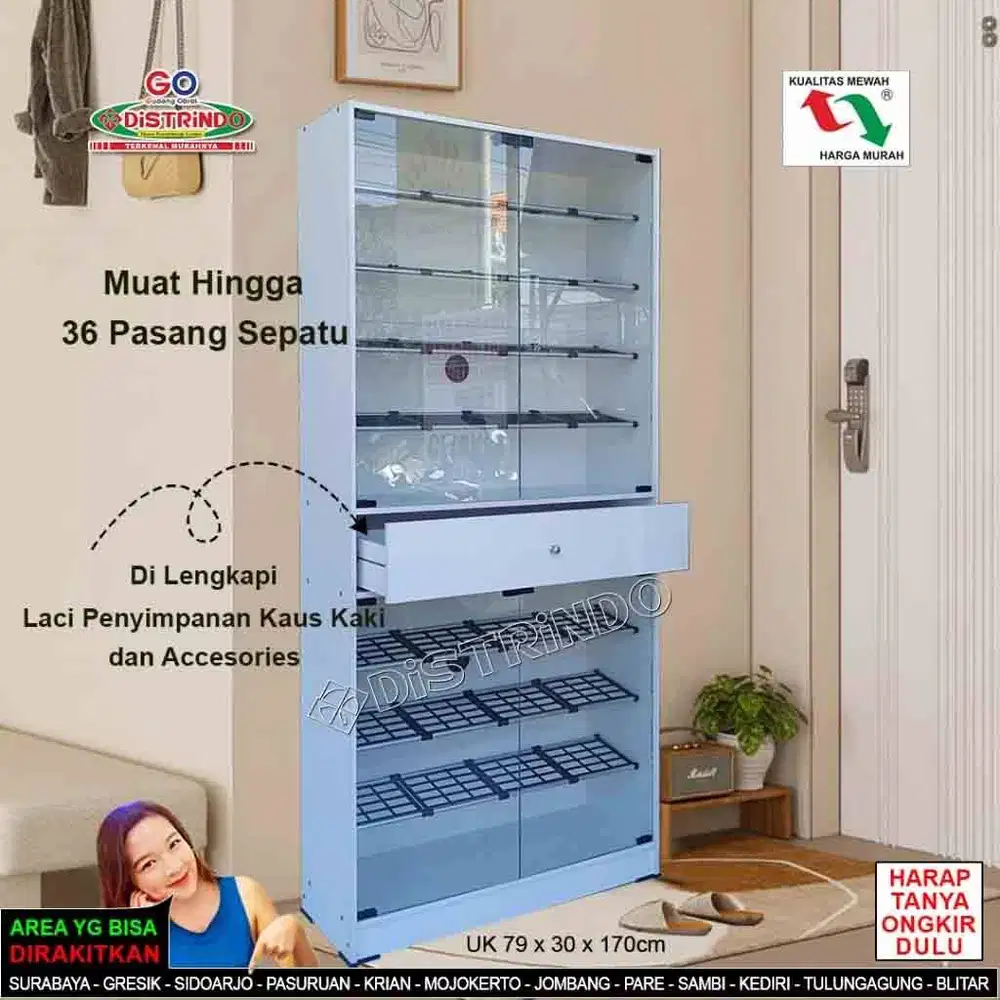 DISTRINDO Rak Sepatu Kaca Minimalis / Lemari Sepatu Susun dengan Laci