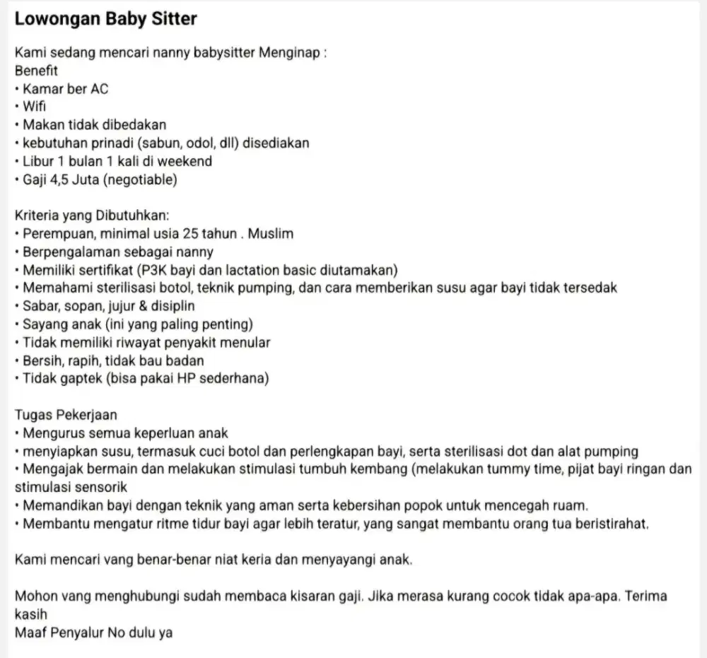 Mencari nanny/ baby sitter bersertifikat