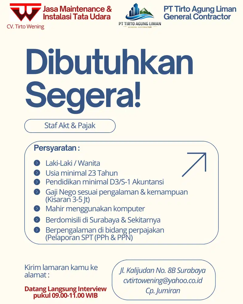 Lowongan Staf Akuntansi & Pajak Pengalaman