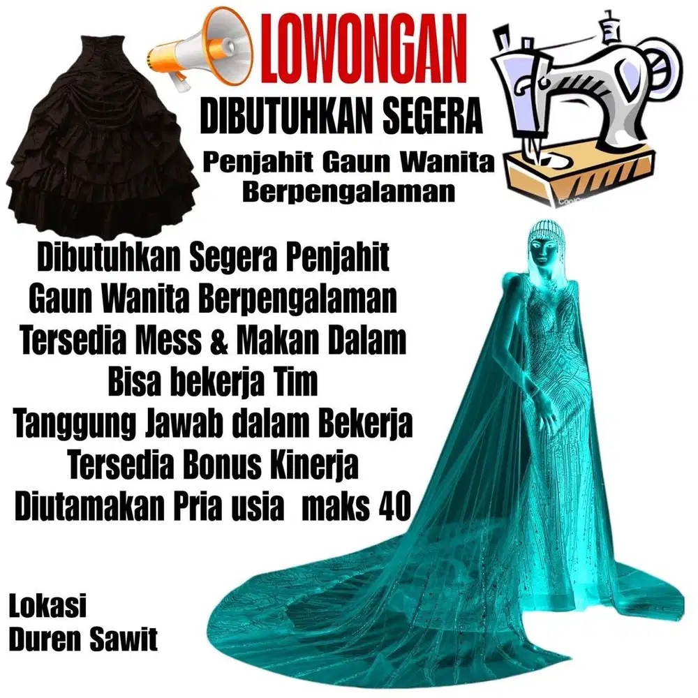 Dibutuhkan segera Penjahit Gaun Berpengalaman