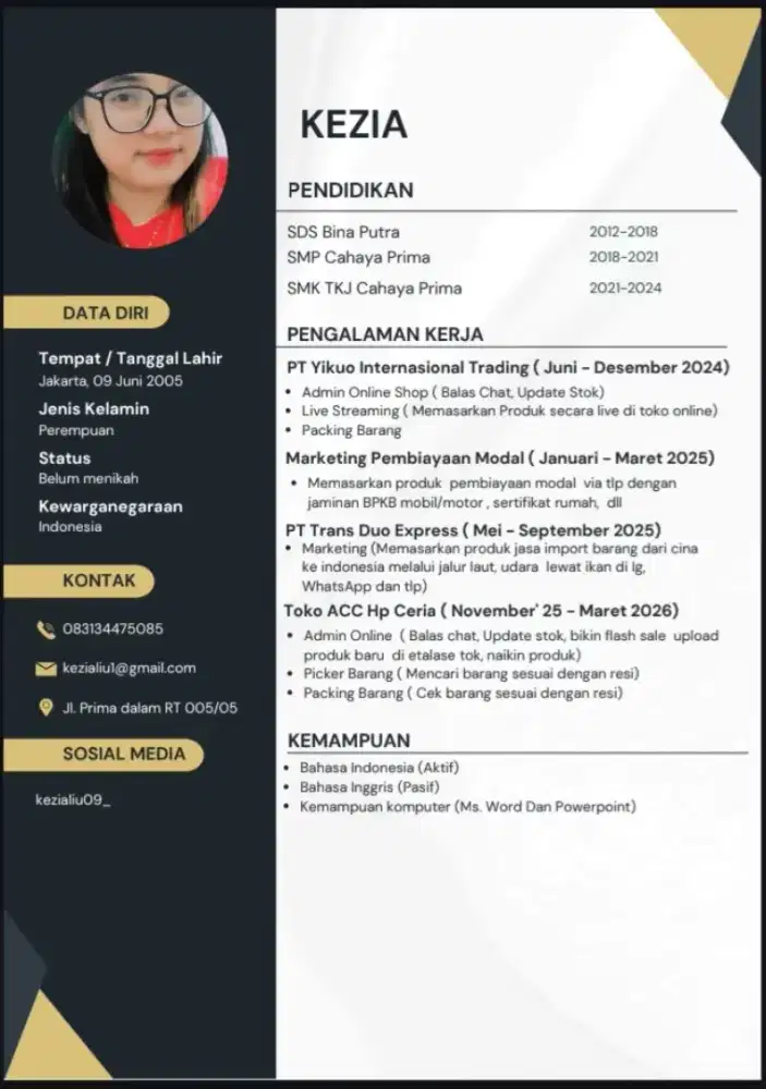 Perempuan, umur 20 menjelang 21, lulusan SMK Teknik Komputer 2024