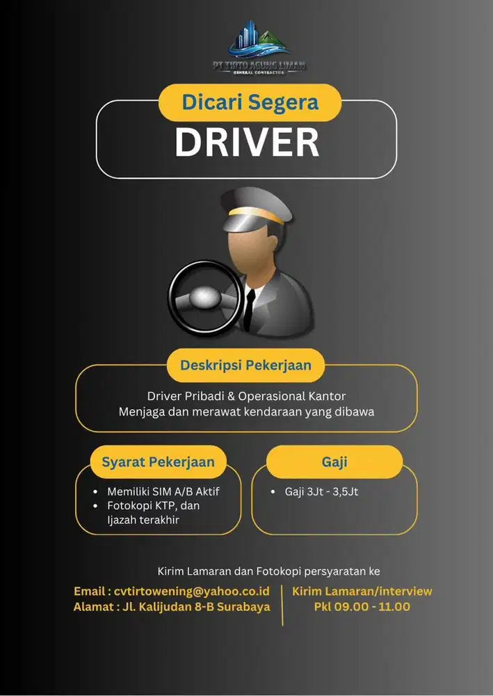 Lowongan Driver Sopir Pribadi dan Operasional