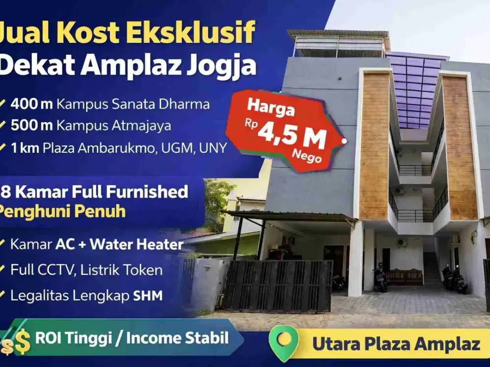 Jual Kost Eksklusif 18 Kamar Dekat Amplaz Jogja Full Furnished SHM