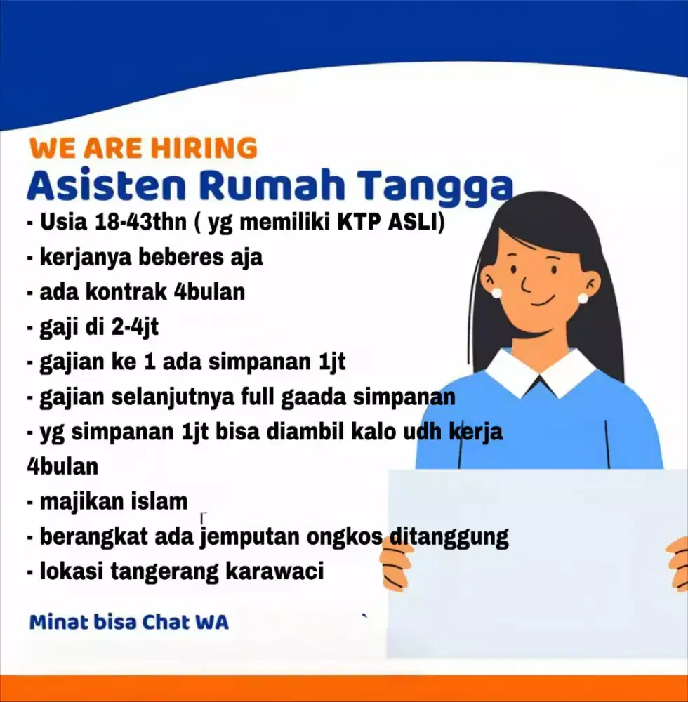 dibutuhkan ART khusus perempuan untuk daerah tangerang (nginep)