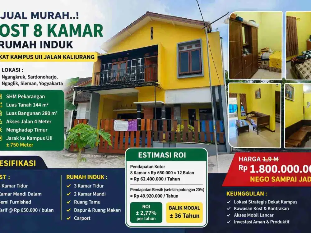 Kost 8 Kamar + Rumah Induk Dekat UII Jakal – SHM, Murah!