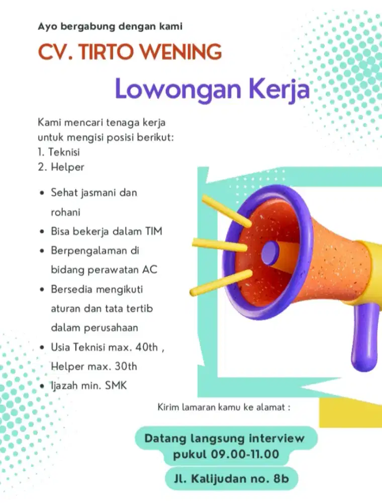 Lowongan : Teknisi & Helper