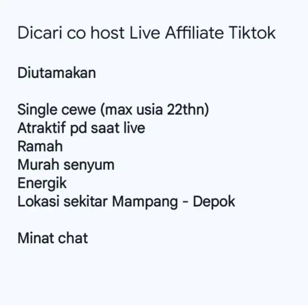 Dicari co host Live Affiliate Tiktok
