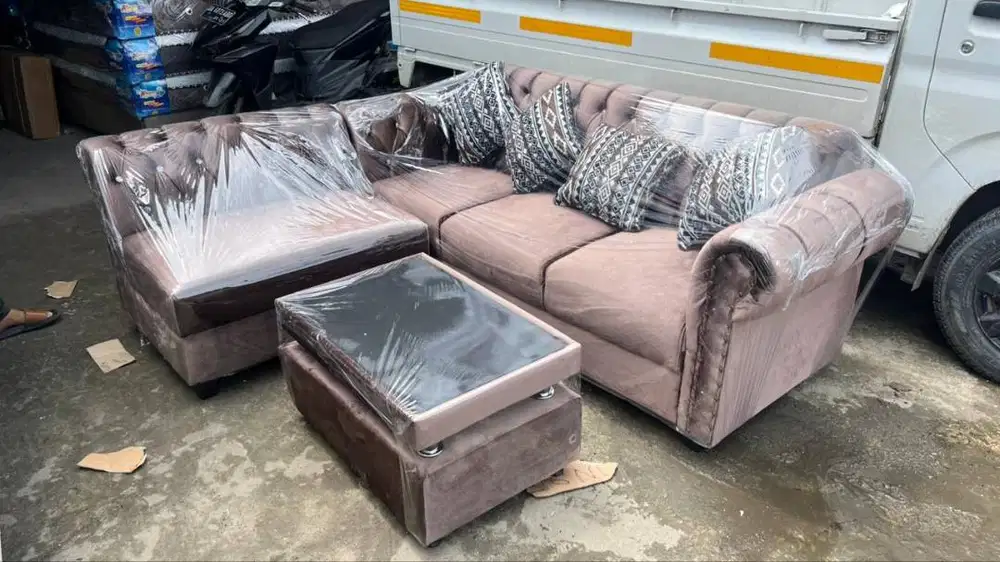 Kursi Tamu Sofa L Kancing Full Bludru