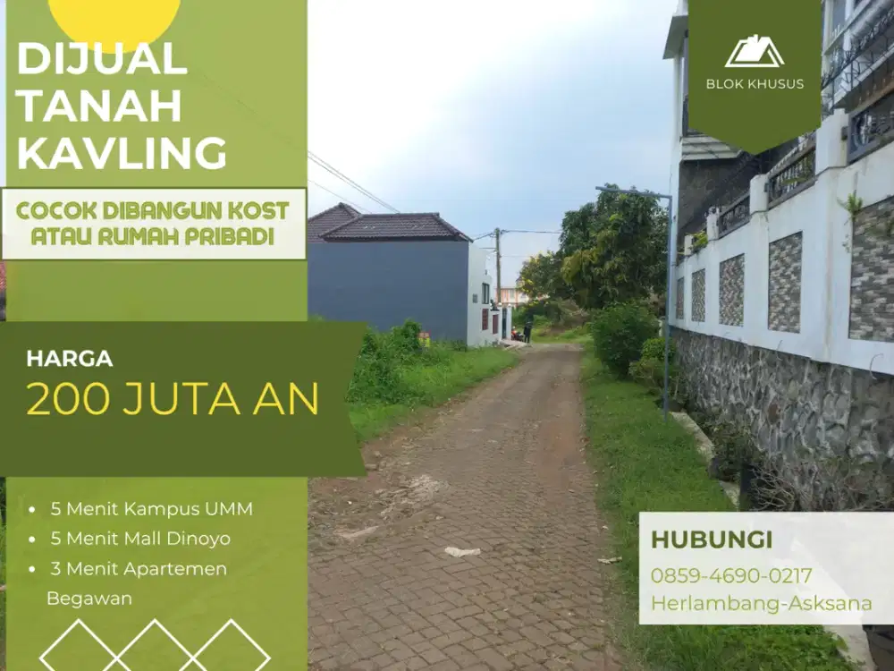5 Menit Kampus UMM Malang Tanah Kavling Perumahan Cocok Bangun Kos Kosan Row Jalan 6 Meter