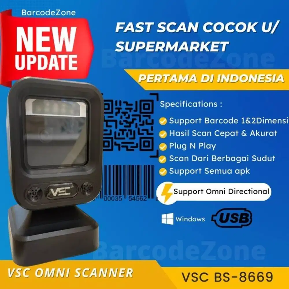 barcode scanner omni 2d merk Vin solusindo BS 888 USB garansi fast