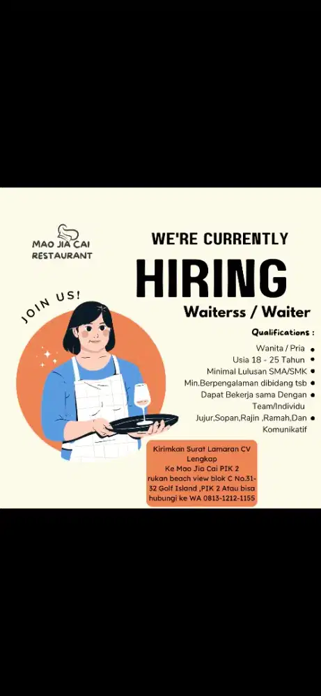 Dibutuhkan waiter/Waiters