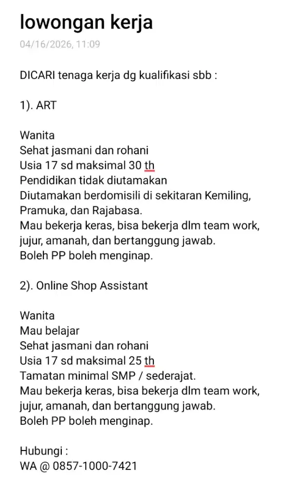 Dicari pekerja wanita