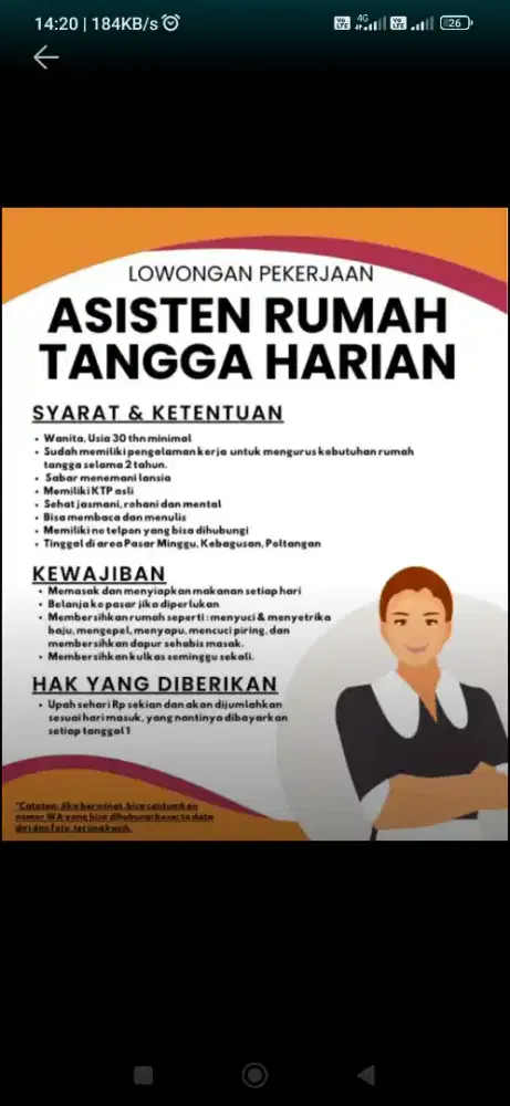 Dicari ART (Asisten Rumah Tangga) Harian PP